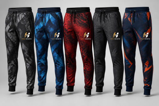Hawi Sports slim-fit joggers displayed in five colors and print designs