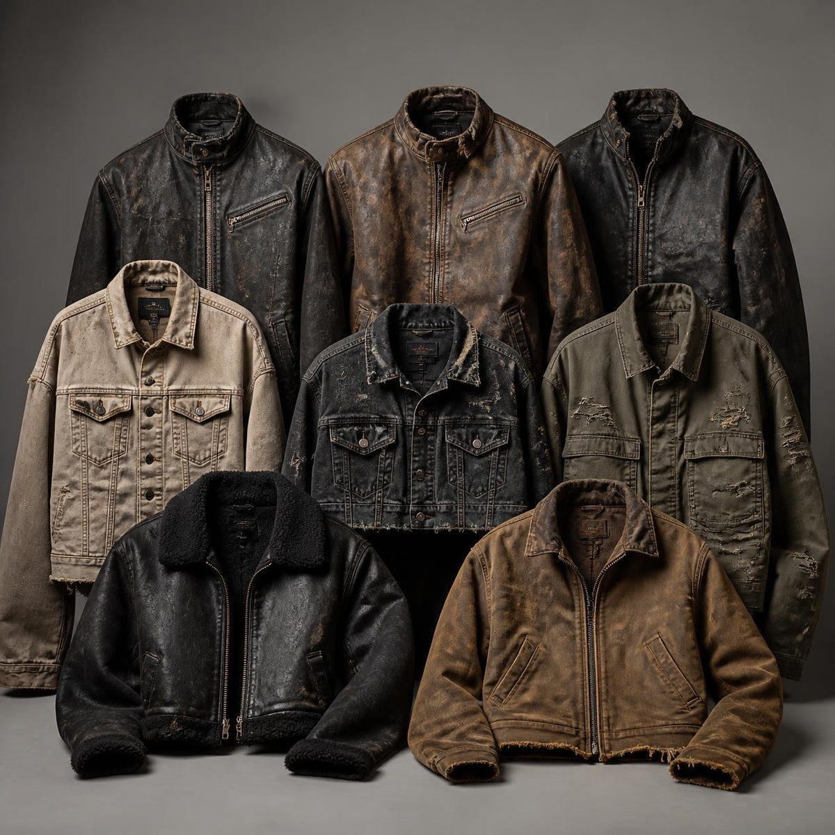 Distressed jackets in classic and cropped styles in dark and neutral colors
