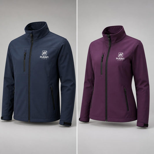 Navy and purple Hawi Sports softshell jackets with stand collars and zip pockets