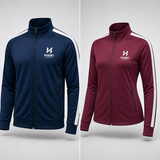 Navy and burgundy Hawi Sports track jackets with white shoulder and sleeve stripes