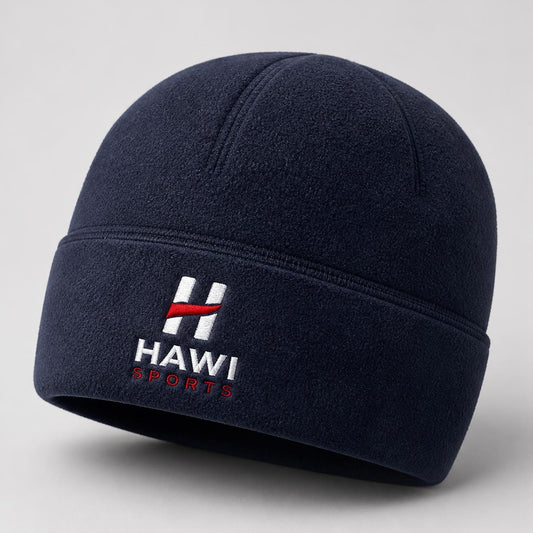 Dark fleece beanie with white and red embroidered Hawi Sports logo