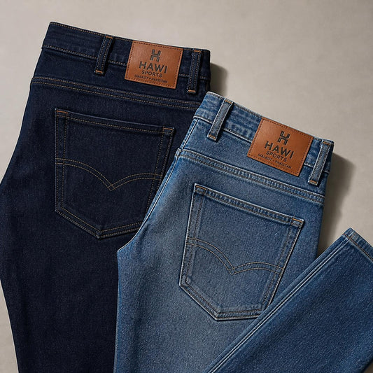 Dark and blue denim jeans showing back pockets and Hawi Sports leather waist patches