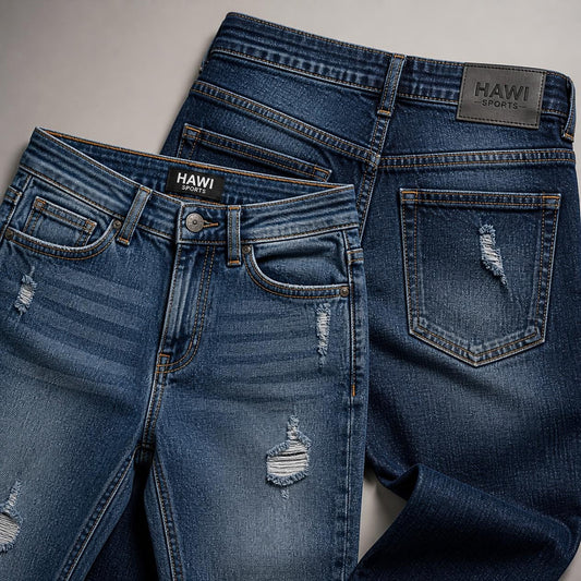 Blue distressed denim jeans showing front and back pockets with Hawi Sports branding