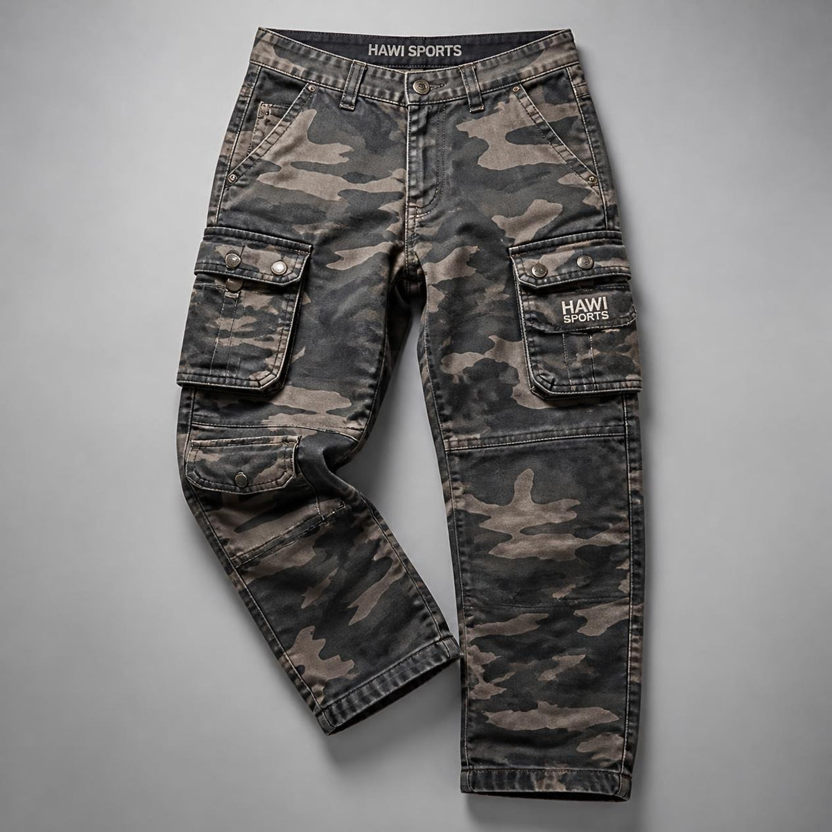 Camouflage denim cargo pants with multiple flap pockets and Hawi Sports logo