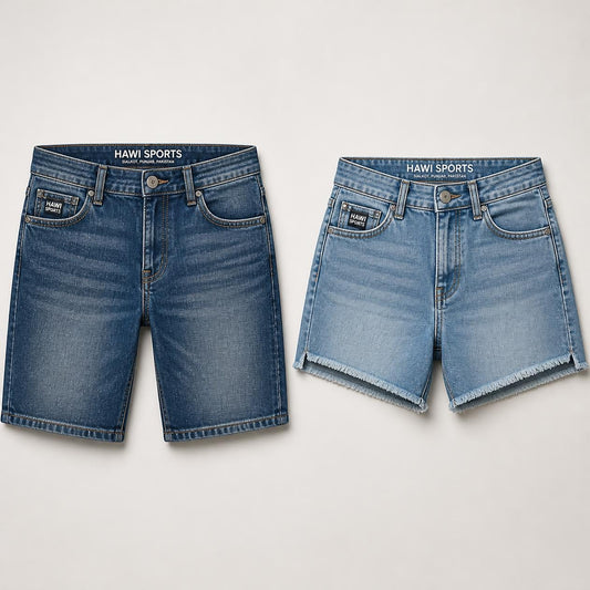 Dark blue denim shorts and light blue frayed-hem denim shorts with Hawi Sports branding