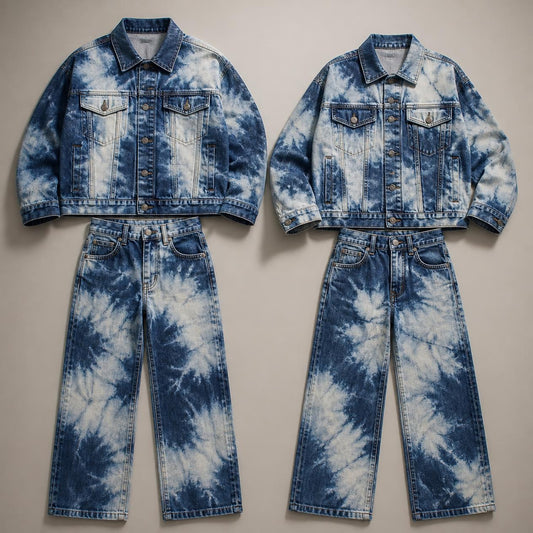 Two blue and white tie-dye denim sets with matching button-front jackets and jeans