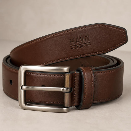 Brown leather casual belt with stitched edges, silver-tone buckle and embossed Hawi Sports branding