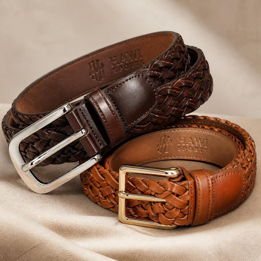 Dark brown and tan braided leather belts with metal buckles and embossed Hawi Sports branding