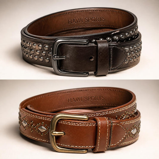 Dark brown and tan studded leather belts with metal buckles and Hawi Sports branding