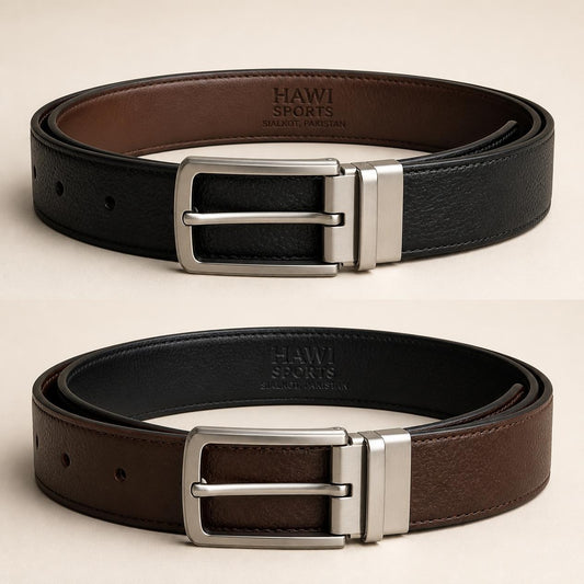Black and brown sides of a reversible leather belt with silver-tone buckle and Hawi Sports branding