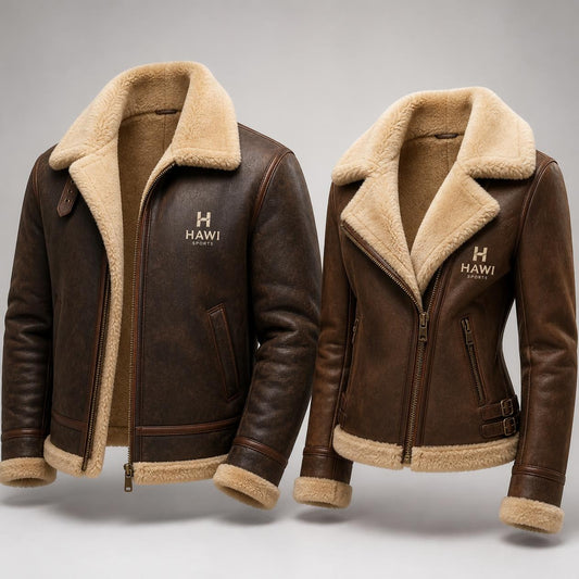 Two brown jackets with cream shearling collars, lining and trim, featuring Hawi Sports logos