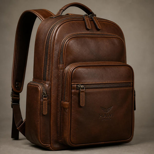 Brown leather backpack with multiple zippered pockets, shoulder straps and embossed Hawi Sports logo