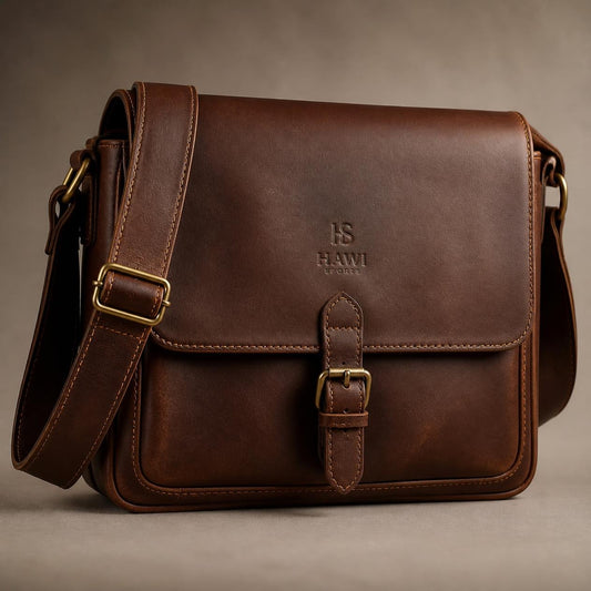 Brown leather messenger bag with buckle flap, adjustable shoulder strap and embossed Hawi Sports branding