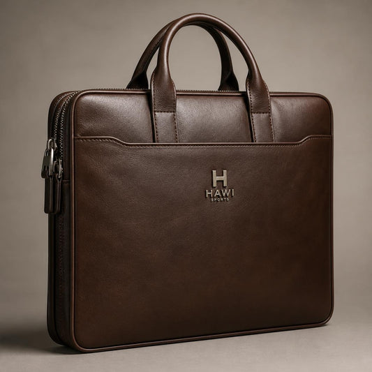 Brown leather portfolio bag with carry handles, zip closure, front pocket and Hawi Sports logo