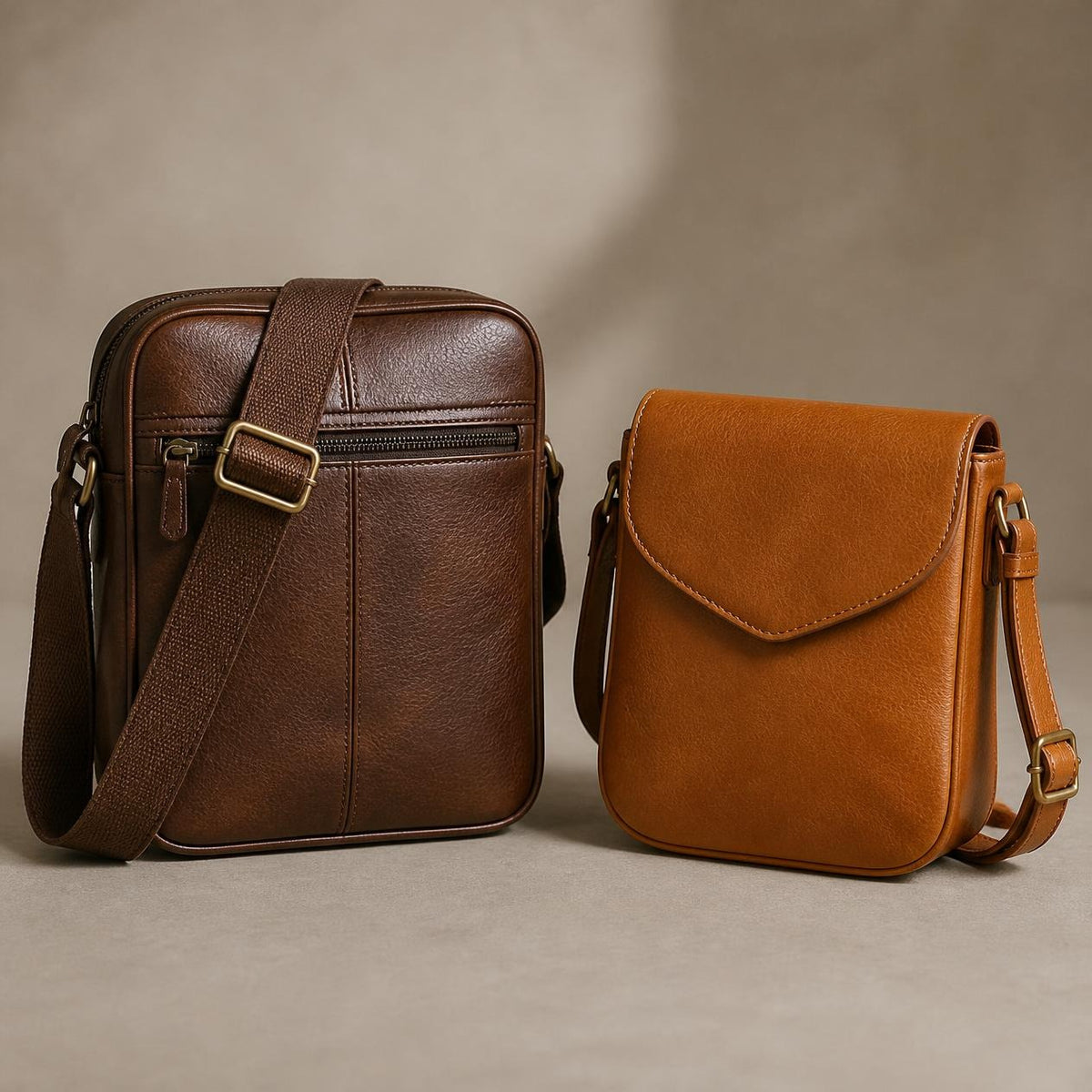 Dark brown zippered crossbody bag and tan flap crossbody bag with adjustable shoulder straps