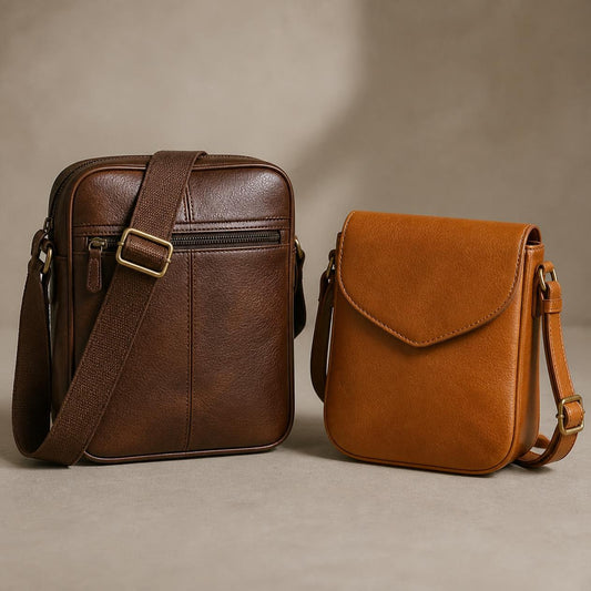 Dark brown zippered crossbody bag and tan flap crossbody bag with adjustable shoulder straps