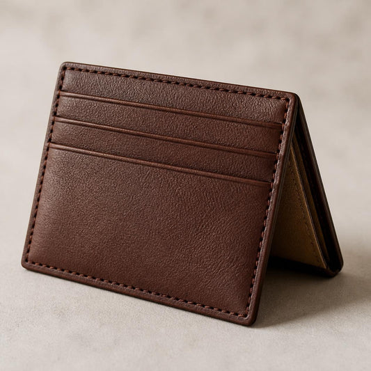 Brown leather cardholder with multiple card slots and stitched edges