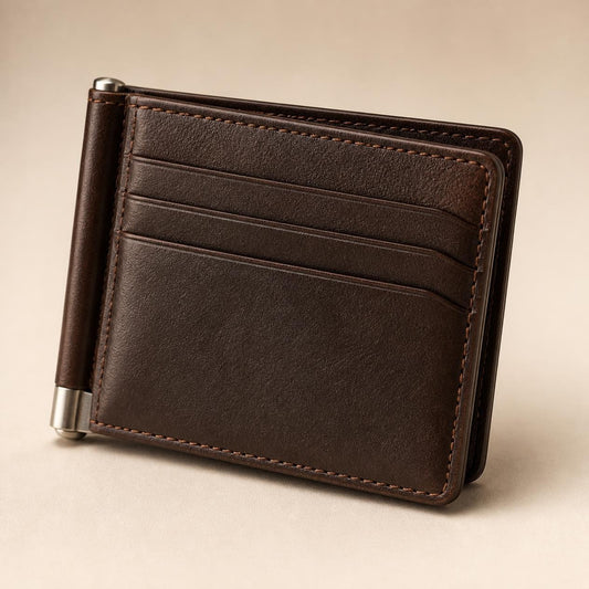 Brown leather money clip wallet with multiple card slots, stitched edges and silver-tone metal clip