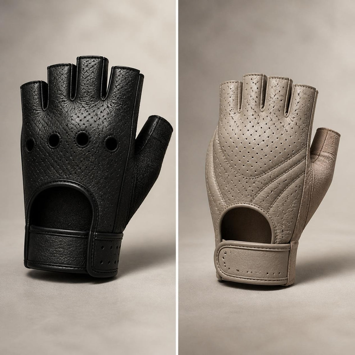 Black and cream fingerless leather cycling gloves with perforations and wrist straps