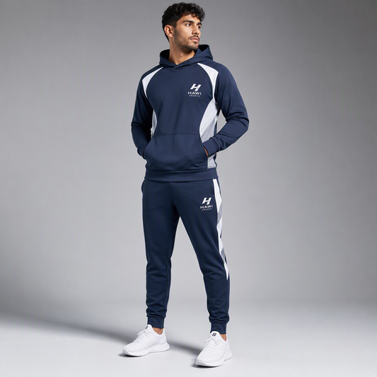 Man wearing navy Hawi Sports pullover hoodie tracksuit with white accents