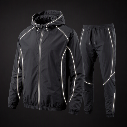 Black nylon tracksuit jacket and joggers with reflective piping