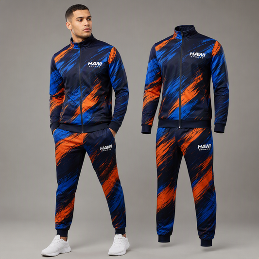 Blue and orange sublimation-printed tracksuit jacket and joggers with Hawi Sports logo