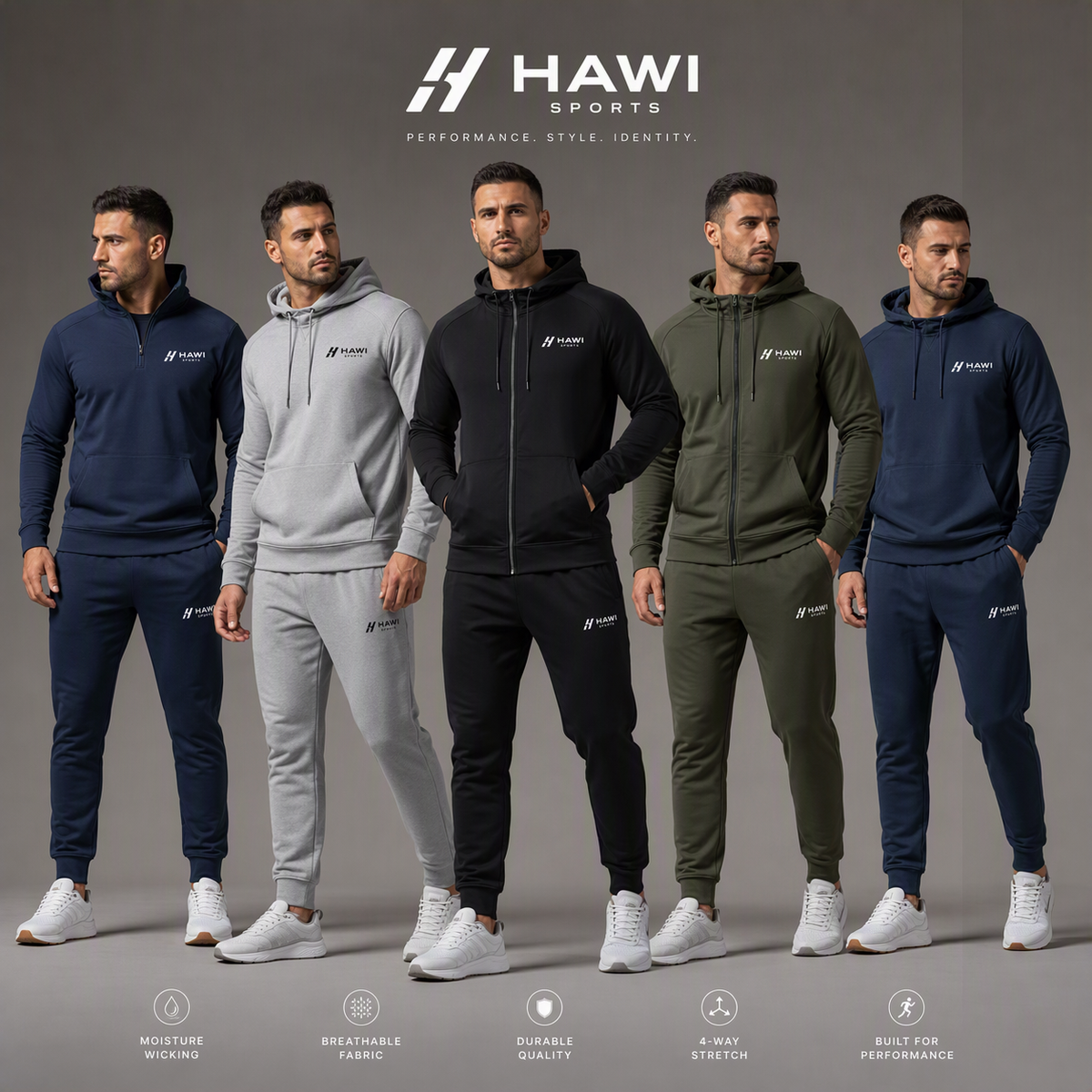 Five men wearing Hawi Sports tracksuits in navy, grey, black, and olive