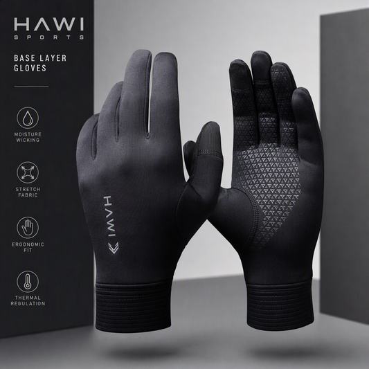Hawi Sports base layer gloves in black with moisture-wicking fabric, gripped palms, and an ergonomic fit
