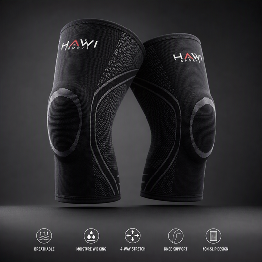 Hawi Sports Knee Compression Sleeves in black with knit support zones and a non-slip design