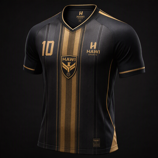 Black and gold Hawi Sports football jersey with short sleeves