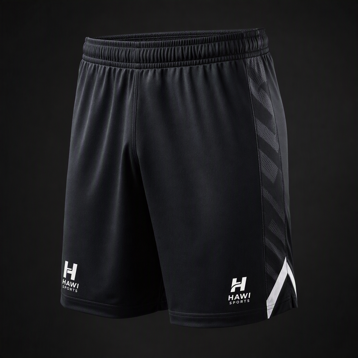 Black Hawi Sports football shorts with white accents and logos