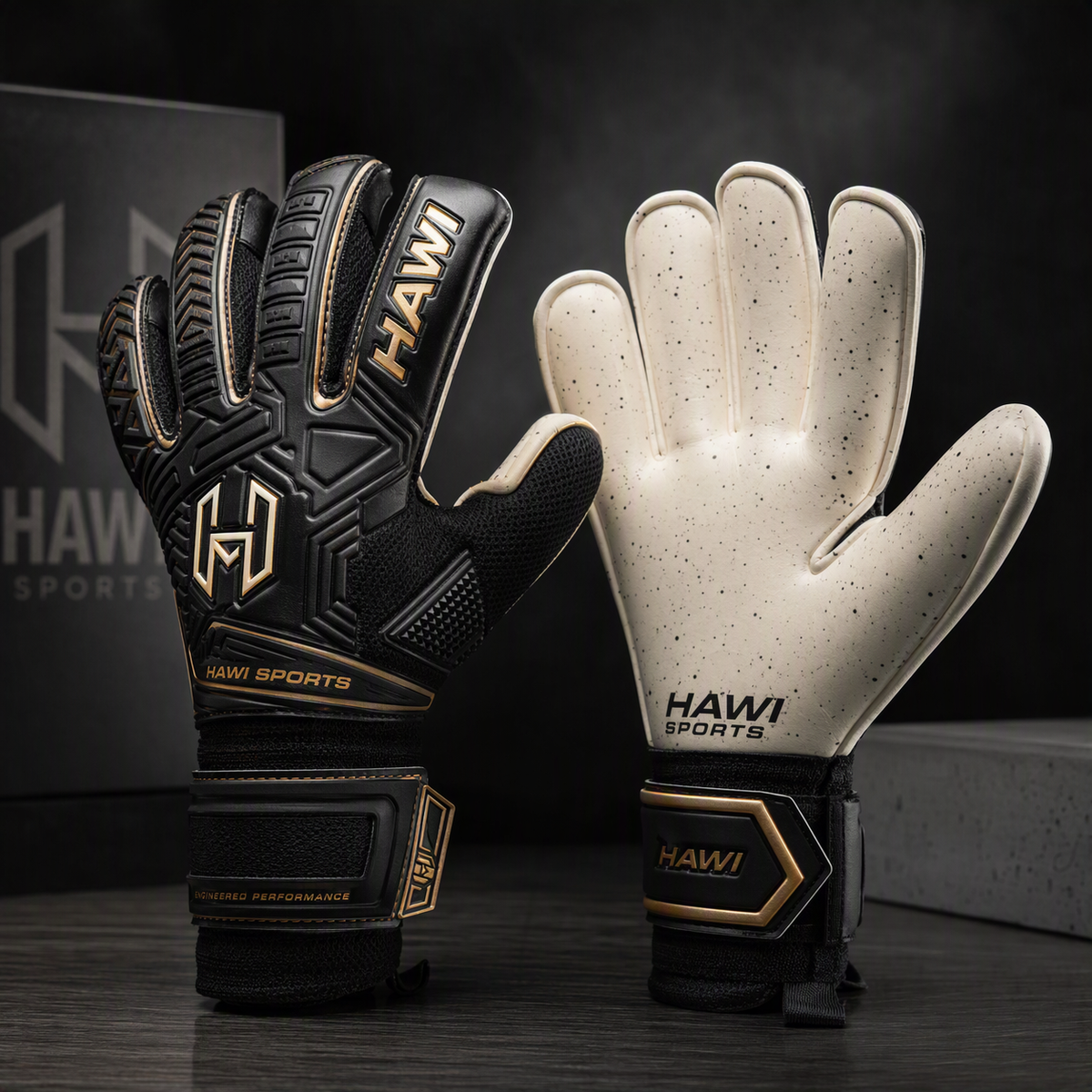 Black and gold Hawi Sports goalkeeper gloves with white latex palms