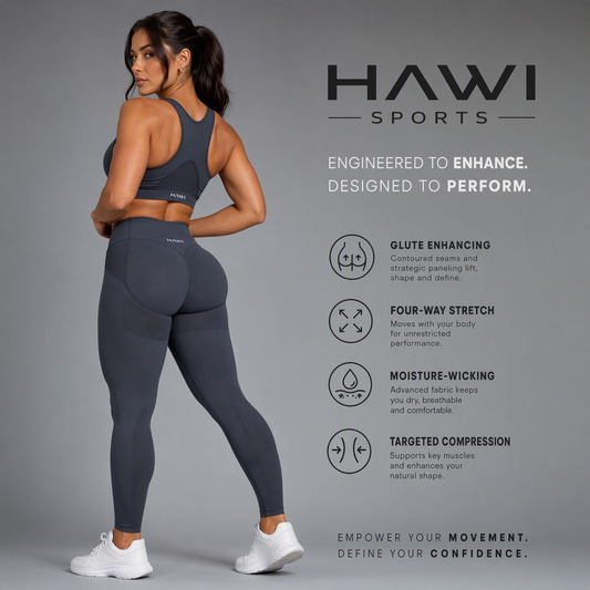 Model wearing charcoal Hawi Sports sports bra and glute-enhancing leggings