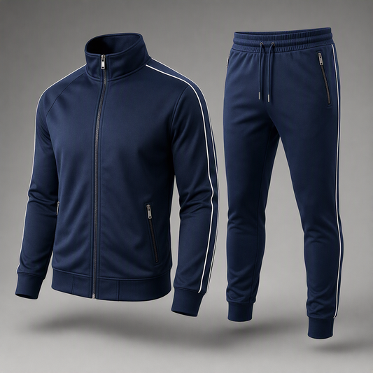 Navy zippered tracksuit jacket and joggers with white piping