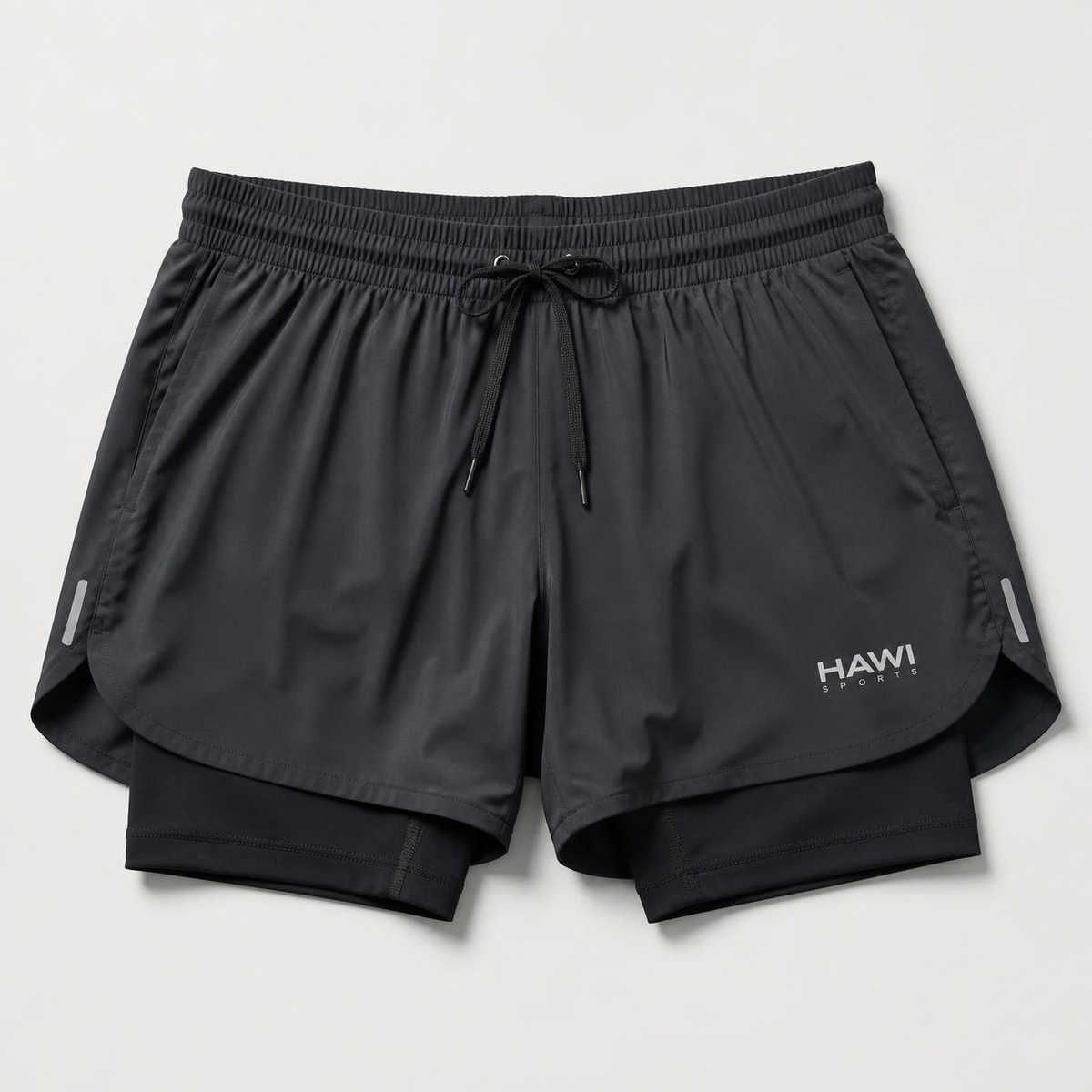 Hawi Sports high-performance running shorts in black with a built-in liner and drawstring waistband