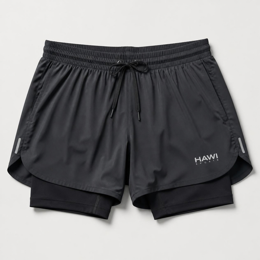 Hawi Sports high-performance running shorts in black with a built-in liner and drawstring waistband