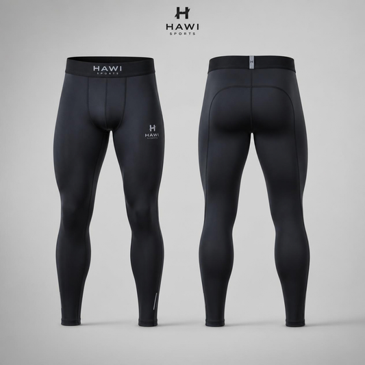 Hawi Sports Men's Athletic Compression Tights in black, shown from front and back with a branded waistband