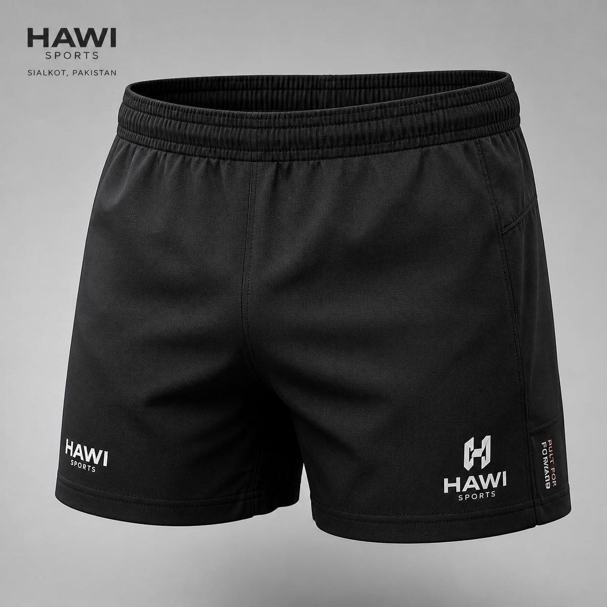 Black Hawi Sports rugby shorts with elastic waistband and white brand logos