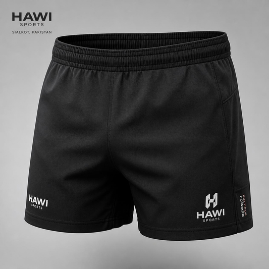 Black Hawi Sports rugby shorts with elastic waistband and white brand logos