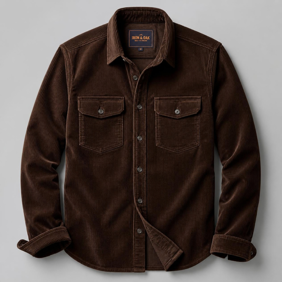 Brown long-sleeve corduroy shirt with button front and two flap chest pockets