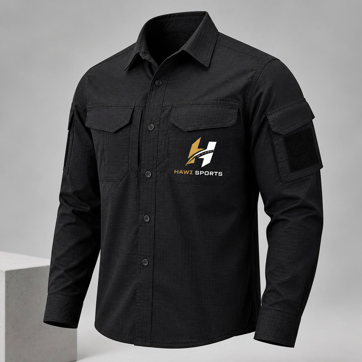 Black Hawi Sports tactical long-sleeve shirt with flap chest pockets and chest logo