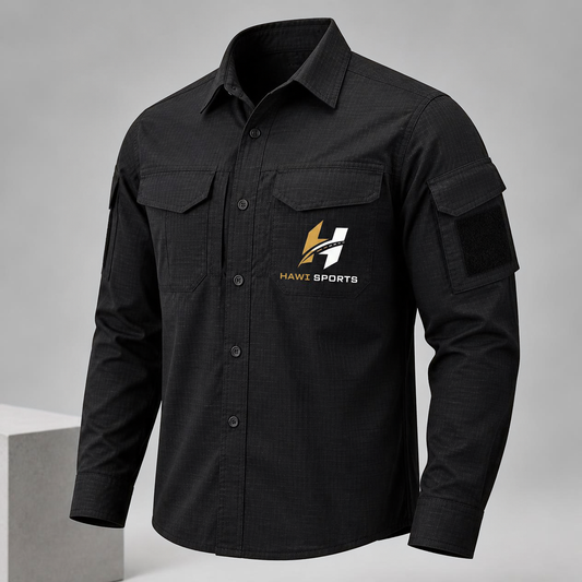 Black Hawi Sports tactical long-sleeve shirt with flap chest pockets and chest logo