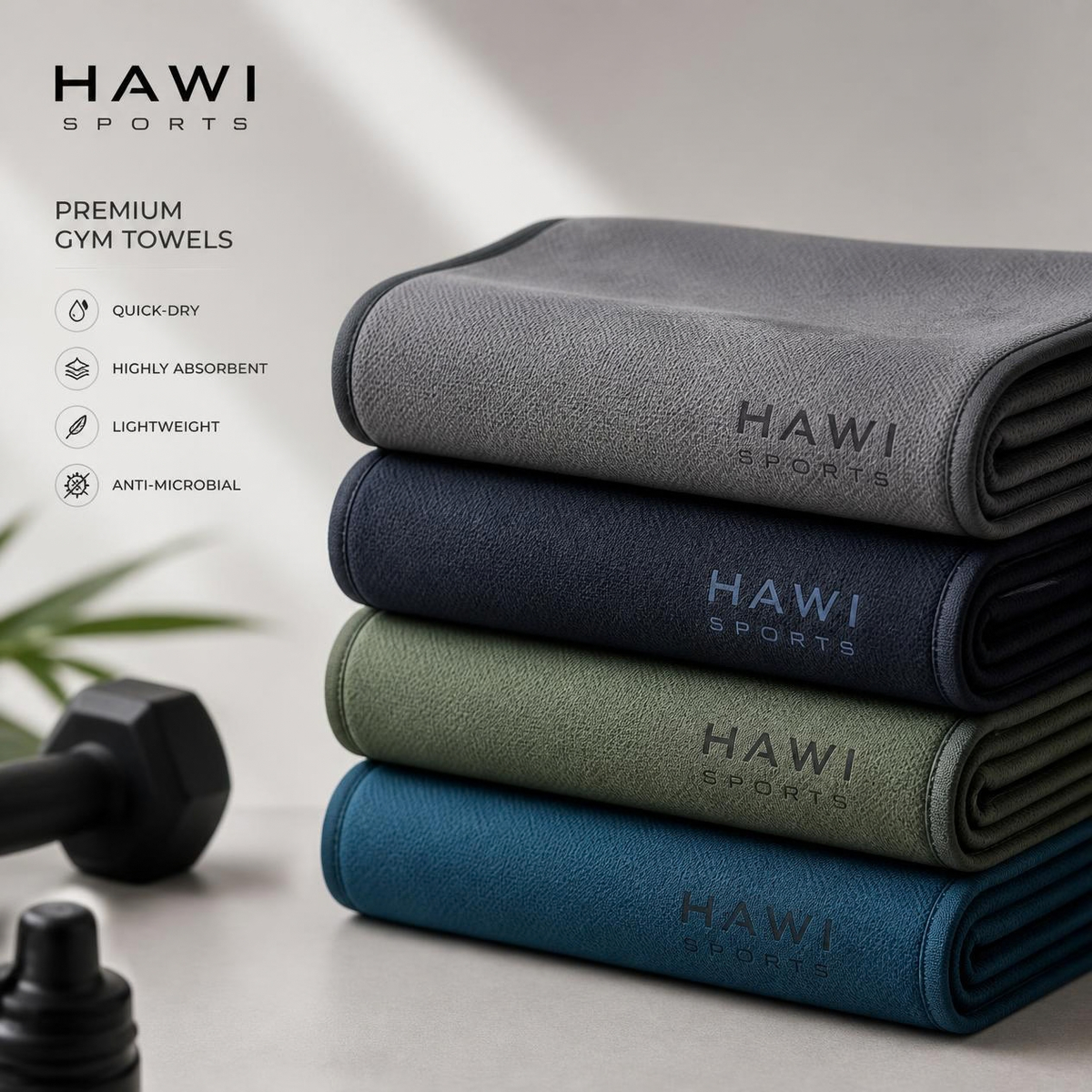 Hawi Sports premium quick-dry gym towels in grey, navy, green, and blue, folded in a stack