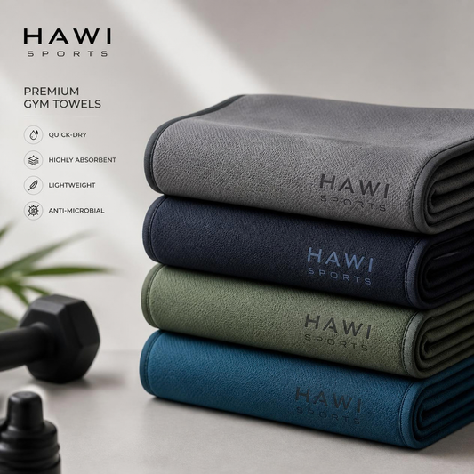 Hawi Sports premium quick-dry gym towels in grey, navy, green, and blue, folded in a stack