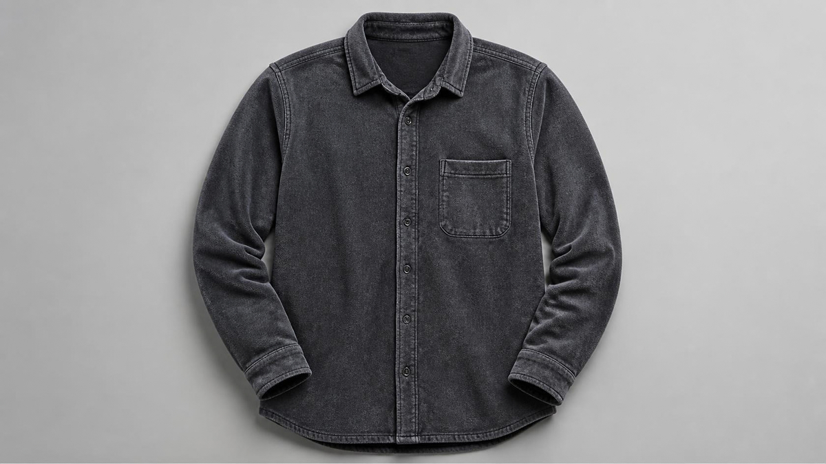 Charcoal long-sleeve button-up shirt with collar and chest pocket