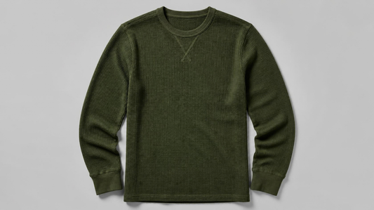 Olive green waffle-knit long-sleeve thermal shirt with crew neckline