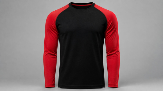 Black crew neck performance shirt with red long raglan sleeves