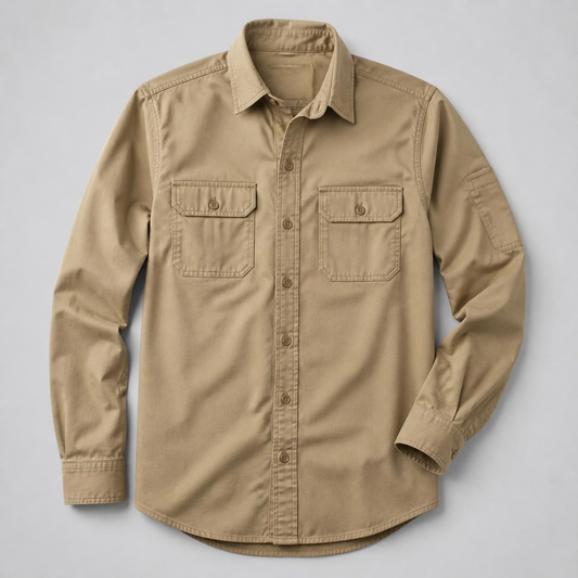 Khaki long-sleeve utility shirt with button front and two flap chest pockets