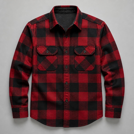 Red and black plaid long-sleeve flannel shirt with two flap chest pockets