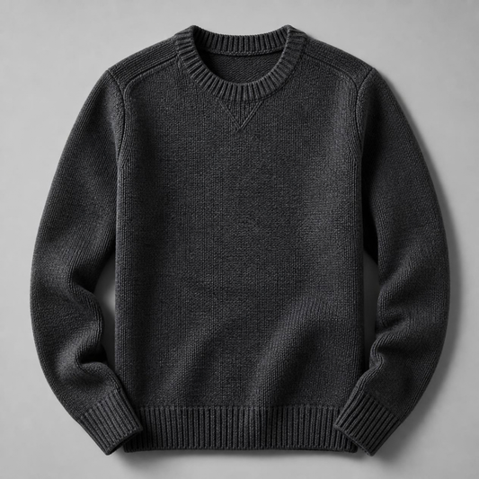 Charcoal heavy knit crew neck sweater with ribbed collar, cuffs and hem